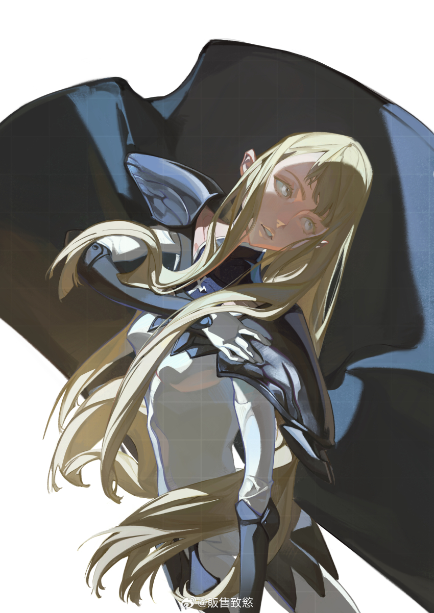 1girl, absurdres, arm_warmers, armor, asymmetrical_bangs, black_arm_warmers, black_cape, blonde_hair