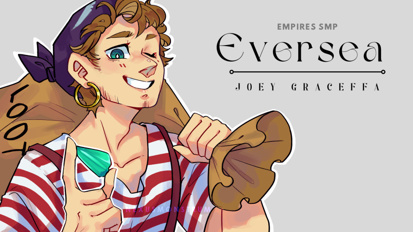 1boy, aqua_eyes, bandana, blush, brown_hair, character_name, copyright_name, earrings