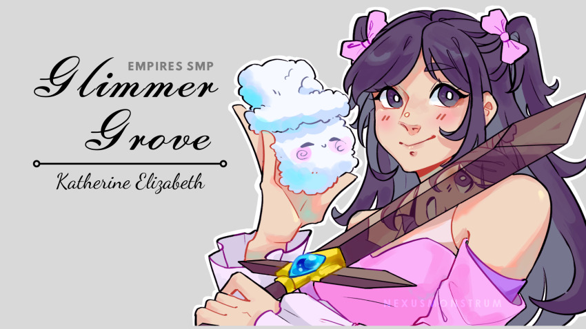 1girl, black_eyes, black_hair, blush, bow, character_name, closed_mouth, copyright_name