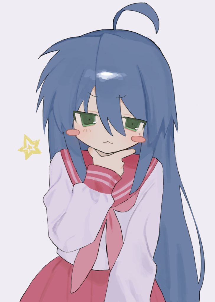 1girl, :3, ahoge, blue_hair, blush, blush_stickers, green_eyes, izumi_konata, long_hair, looking_at_viewer, lucky_star, mole, mole_under_eye, nial, ryouou_school_uniform, school_uniform, serafuku, shirt, skirt, solo, star_(symbol), upper_body, very_long_hair, white_background