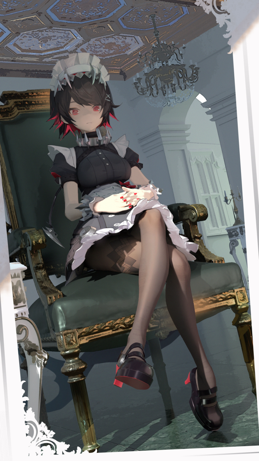 1girl, aash4i, apron, armchair, black_dress, black_footwear, black_hair, breasts, brown_pantyhose, chair, chandelier, closed_mouth, crossed_legs, dress, ellen_joe, full_body, hair_ornament, hairclip, high_heels, highres, indoors, large_breasts, looking_at_viewer, maid, maid_headdress, multicolored_hair, nail_polish, own_hands_together, pantyhose, puffy_short_sleeves, puffy_sleeves, red_eyes, red_hair, red_nails, short_hair, short_sleeves, sitting, solo, swept_bangs, two-tone_hair, waist_apron, white_apron, wrist_cuffs, x_hair_ornament, zenless_zone_zero
