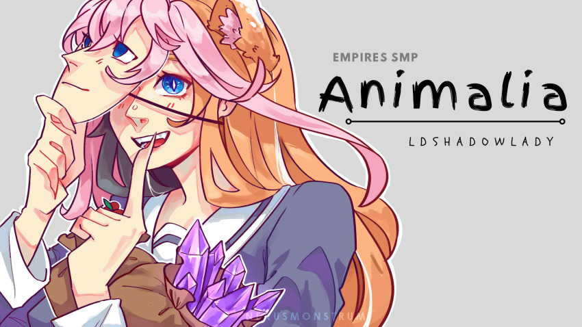 1girl, animal_ears, bag, berry, black_hair, blue_eyes, blush, calico_(pattern), cat_ears, cat_girl, character_name, claws, copyright_name, cosplay, empires_smp, english_text, extra_ears, finger_to_mouth, gem, grey_background, highres, holding, holding_bag, ldshadowlady, ldshadowlady_(animalia), ldshadowlady_(cosplay), mask, mask_lift, mask_on_head, minecraft_youtube, multicolored_hair, nexusmonstrum, open_mouth, orange_hair, pink_hair, purple_gem, school_uniform, self_cosplay, serafuku, shushing, smile, solo, split-color_hair