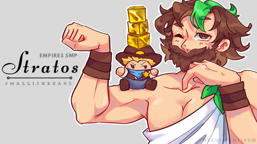 1boy, beard, block_(minecraft), blush, bracelet, brown_eyes, brown_hair, character_doll