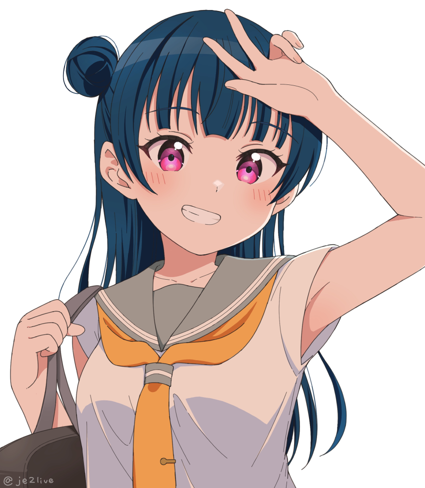 1girl, artist_name, bag, blue_hair, blush, commentary_request, dark_blue_hair, grey_sailor_collar