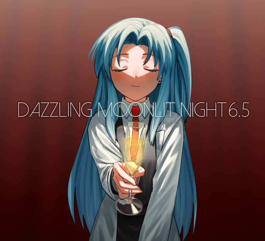1girl, alcohol, angela_(project_moon), blue_hair, champagne, closed_eyes, closed_mouth, coat