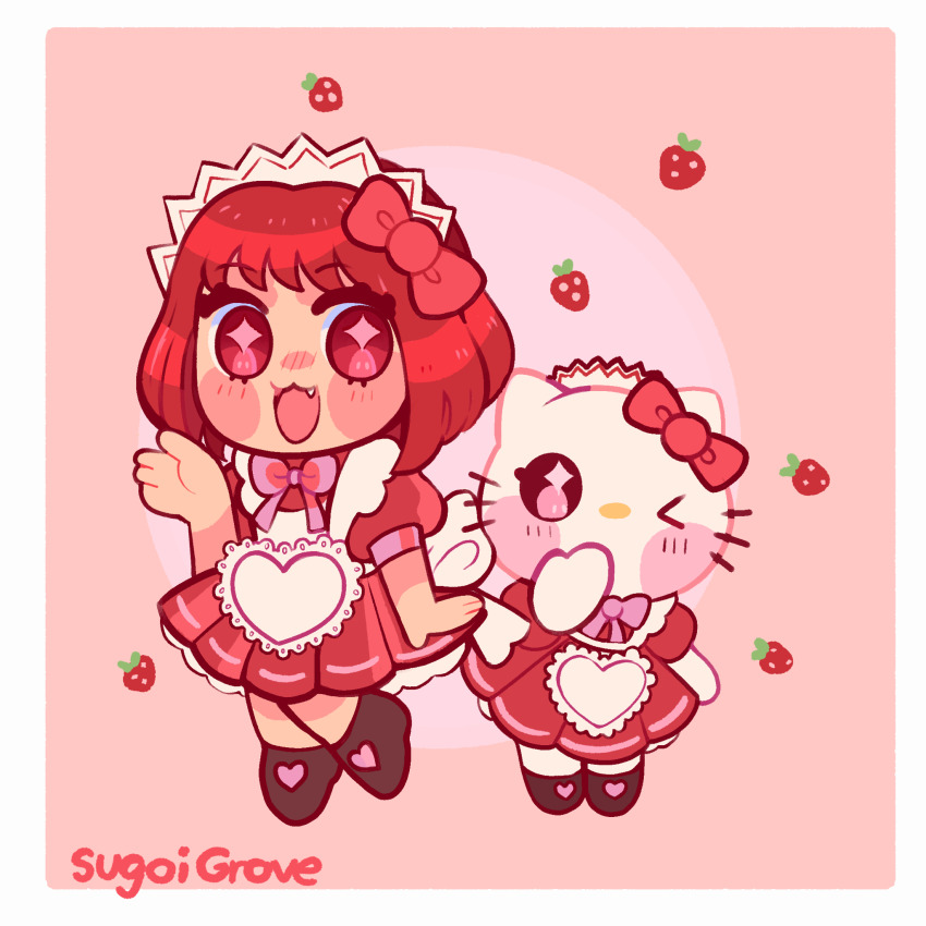 2girls, :3, animal_ears, animal_nose, apron, artist_name, blush, border