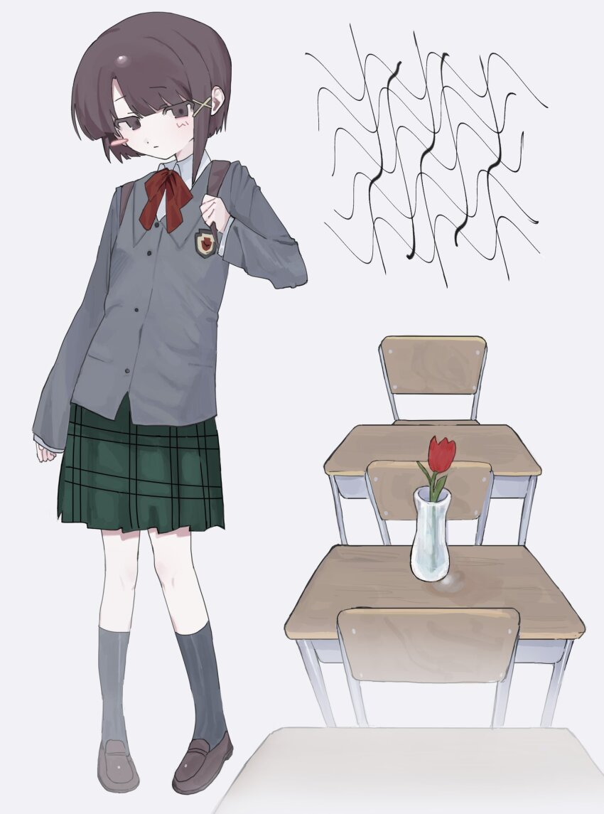 1girl, asymmetrical_hair, brown_eyes, brown_hair, closed_mouth, desk, distortion, expressionless