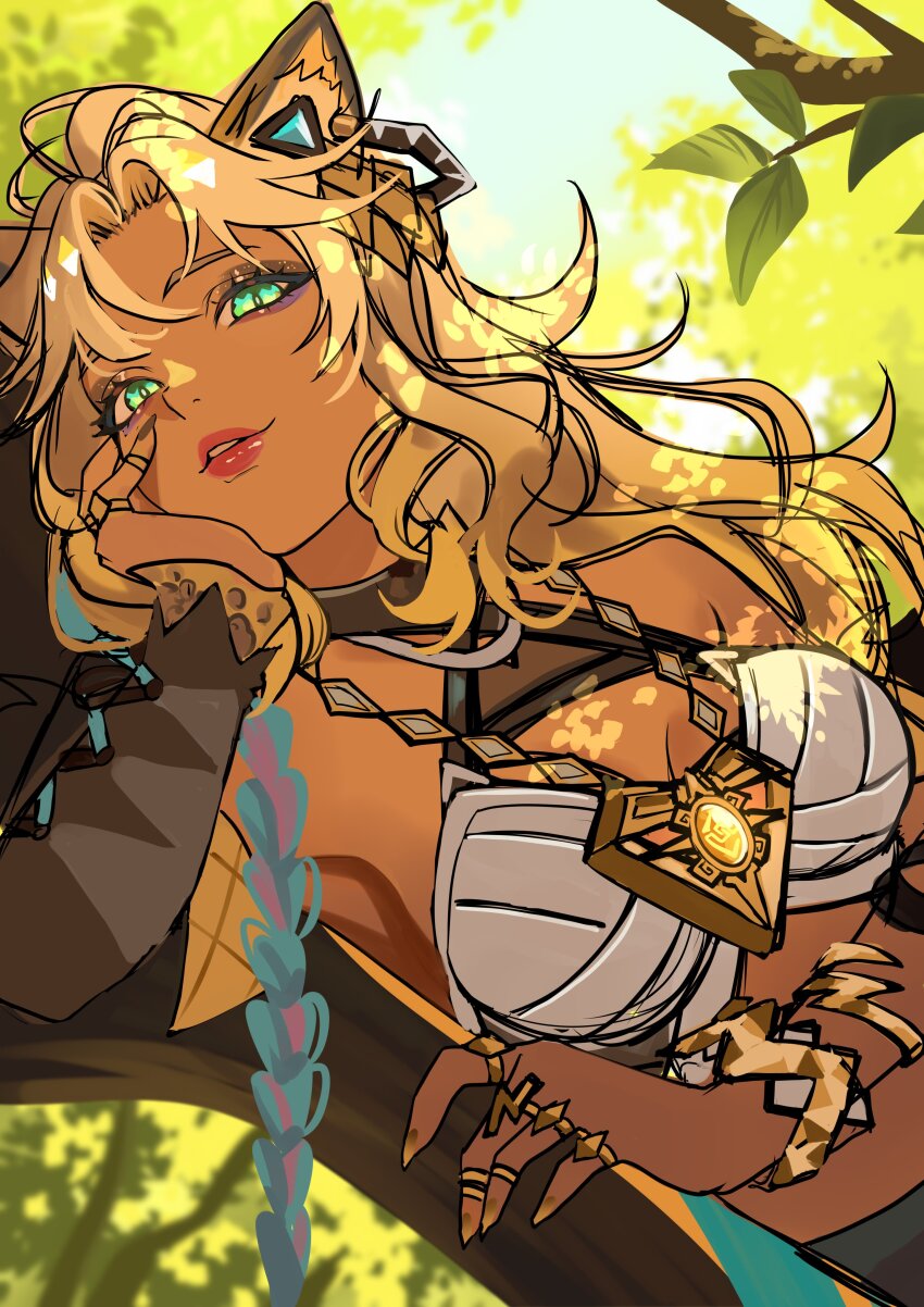 1girl, absurdres, alternate_skin_color, animal_ears, asymmetrical_clothes, bare_shoulders, blonde_hair, blue_hair