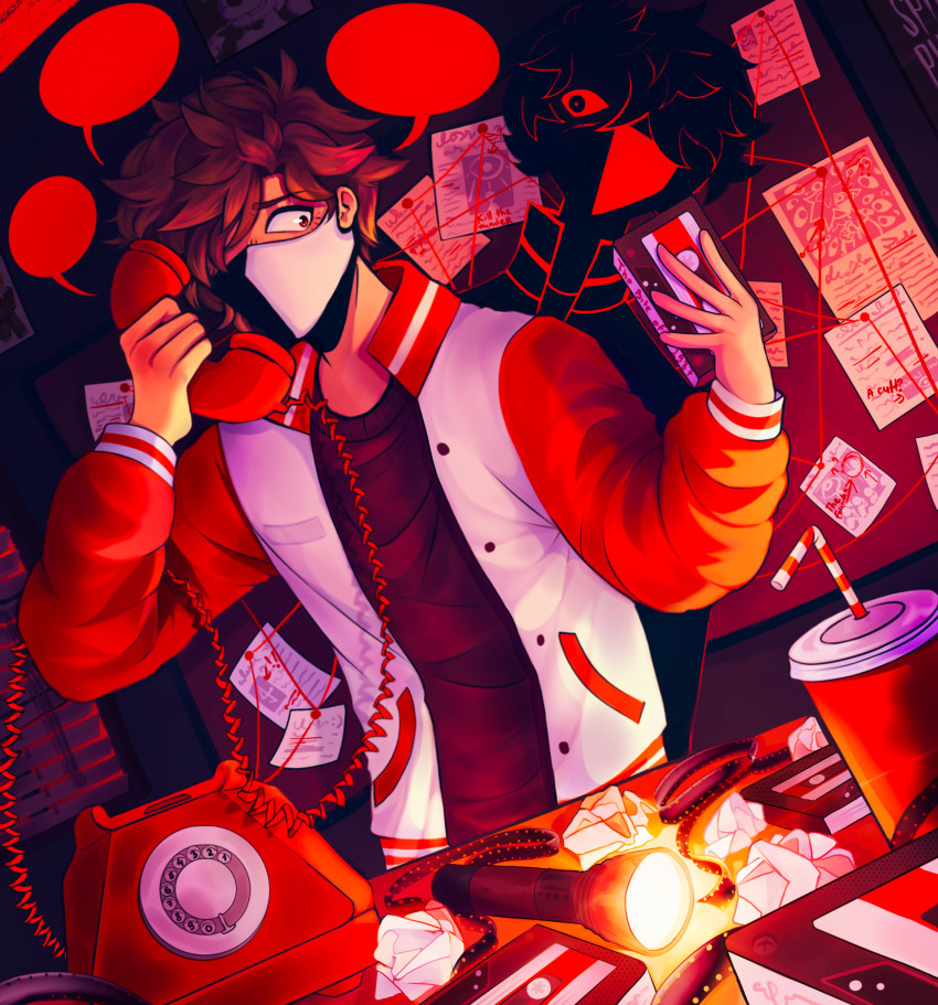 1other, absurdly_detailed_composition, androgynous, animification, brown_eyes, brown_hair, cup, drinking_straw, flashlight, generation_loss, highres, holding, horror_(theme), indoors, jacket, kuranberrri, loaded_interior, looking_down, mask, mouth_mask, other_focus, phone, ranboo_(generation_loss), shadow, shirt, short_hair, solo, speech_bubble, videocassette, window