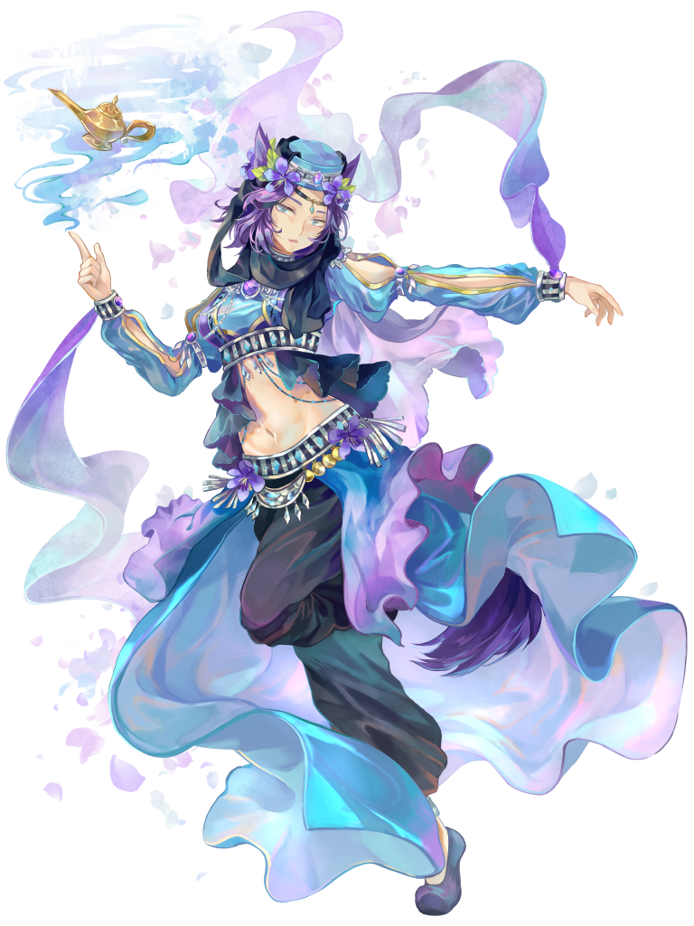 1girl, animal_ears, black_footwear, black_pants, black_scarf, blue_hat, breasts, circlet, dairoku_ryouhei, flower, full_body, hair_flower, hair_ornament, hat, index_finger_raised, kyusoukyu, navel, oil_lamp, pants, purple_hair, scarf, short_hair, smoke, solo, standing, standing_on_one_leg, tail, transparent_background, vivi_yuzuriha