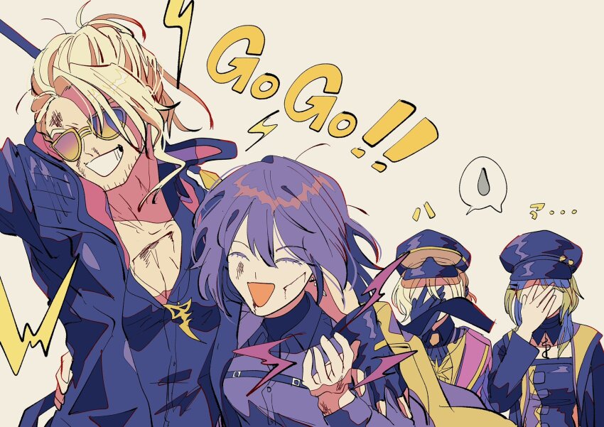 1boy, 3girls, arm_around_another's_waist, arm_around_shoulder, beard_stubble, black_coat, black_gloves, black_hat