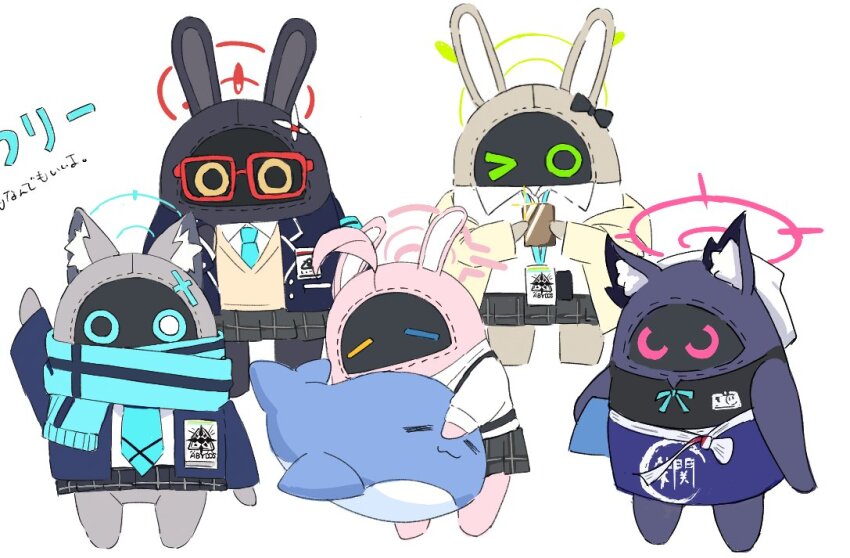 :3, ahoge, almira_valkyrie, animal_ear_fluff, animal_ears, apron, arm_up, artist_collaboration, ayane_(blue_archive), bangboo_(zenless_zone_zero), black_shirt, black_skirt, blazer, blue_apron, blue_archive, blue_halo, blue_jacket, blue_necktie, blue_ribbon, blue_scarf, brown_sweater_vest, cat_ears, collared_shirt, credit_card, foreclosure_task_force_(blue_archive), glasses, green_halo, halo, holding, holding_stuffed_toy, hoshino_(blue_archive), huge_ahoge, id_card, jacket, looking_at_viewer, neck_ribbon, necktie, nifuji, no_humans, nonomi_(blue_archive), off_shoulder, open_clothes, open_jacket, pink_halo, plaid_clothes, plaid_skirt, pleated_skirt, rabbit_ears, red-framed_eyewear, red_halo, ribbon, scarf, serika_(blue_archive), shiroko_(blue_archive), shirt, skirt, stuffed_toy, sweater_vest, translation_request, waving, white_shirt, wolf_ears, yellow_jacket, youbi_(0ver_sd), zenless_zone_zero