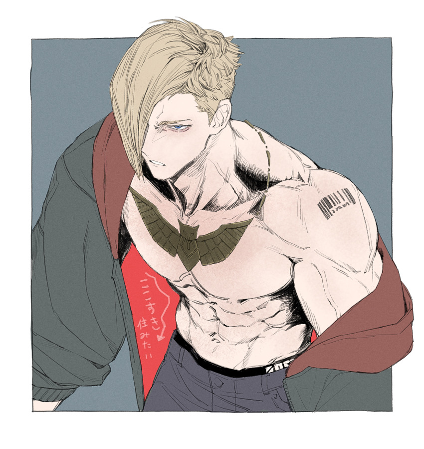 1boy, abs, arm_tattoo, asymmetrical_hair, barcode, barcode_tattoo, blonde_hair, blue_eyes