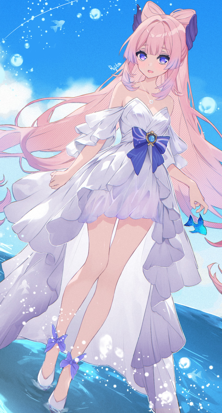 1girl, alternate_costume, bare_legs, bare_shoulders, blue_sky, cloud, day, dress