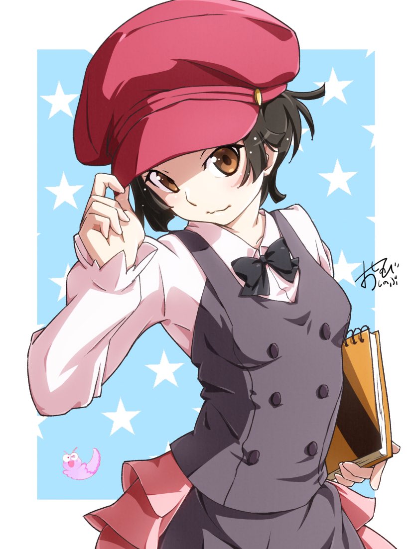 1girl, :3, adjusting_clothes, adjusting_headwear, artist_name, black_bow, black_bowtie, black_hair