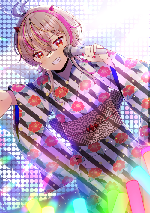 1girl, blonde_hair, blush, brown_hair, commentary_request, commission, copyright_request, diagonal-striped_clothes