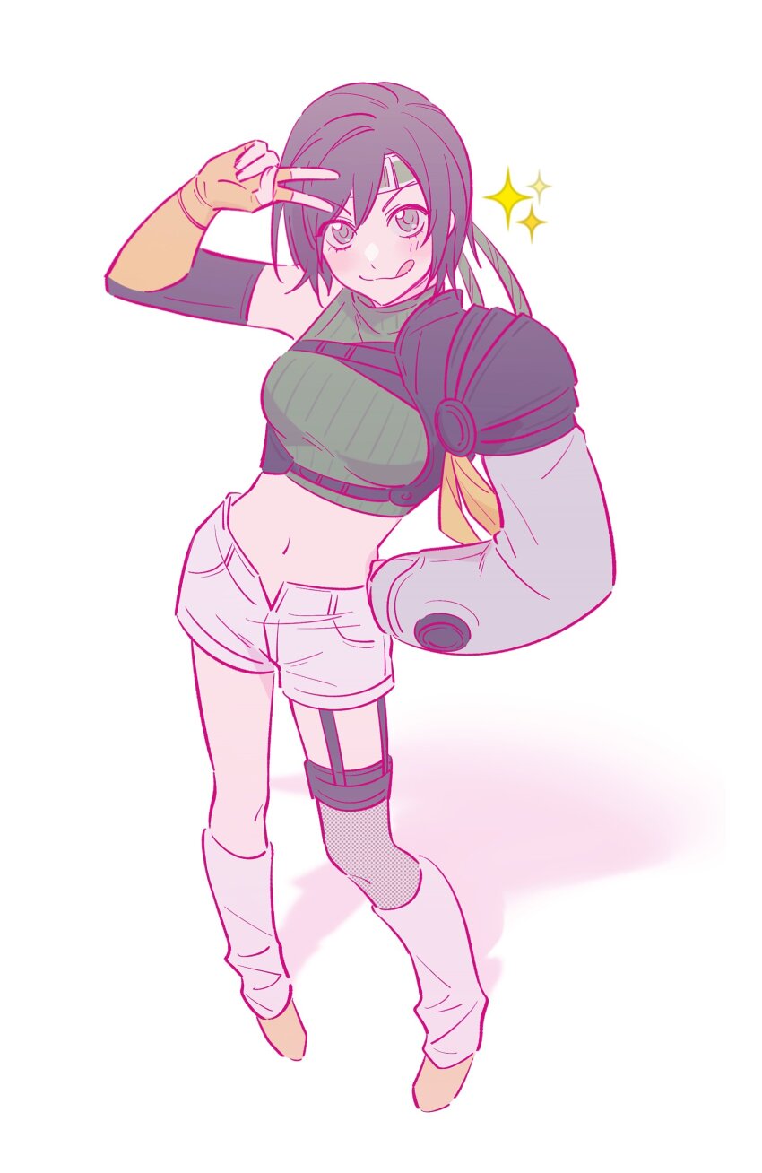 1girl, :3, :q, absurdres, armor, black_gloves, blush, breasts, brown_eyes, brown_gloves, brown_hair, brown_shoes, chest_harness, closed_mouth, commentary, crop_top, cropped_sweater, english_commentary, final_fantasy, final_fantasy_vii, final_fantasy_vii_remake, fingerless_gloves, fishnet_thighhighs, fishnets, forehead_protector, foreshortening, from_above, full_body, garter_straps, gloves, green_headband, green_sweater, hand_on_own_hip, hand_up, hao_xiang_yishui_bu_xing, harness, headband, highres, kneehighs, layered_gloves, looking_at_viewer, looking_up, loose_socks, medium_breasts, midriff, navel, open_clothes, open_fly, open_shorts, outline, pauldrons, red_outline, ribbed_sweater, shadow, shoes, short_hair, short_shorts, shorts, shoulder_armor, single_bare_shoulder, single_pauldron, single_thighhigh, sleeveless, sleeveless_sweater, sleeveless_turtleneck, smile, sneakers, socks, solo, sparkle, standing, sweater, swept_bangs, thighhighs, tongue, tongue_out, turtleneck, turtleneck_sweater, v, v-shaped_eyebrows, v_over_head, white_background, white_socks, yuffie_kisaragi