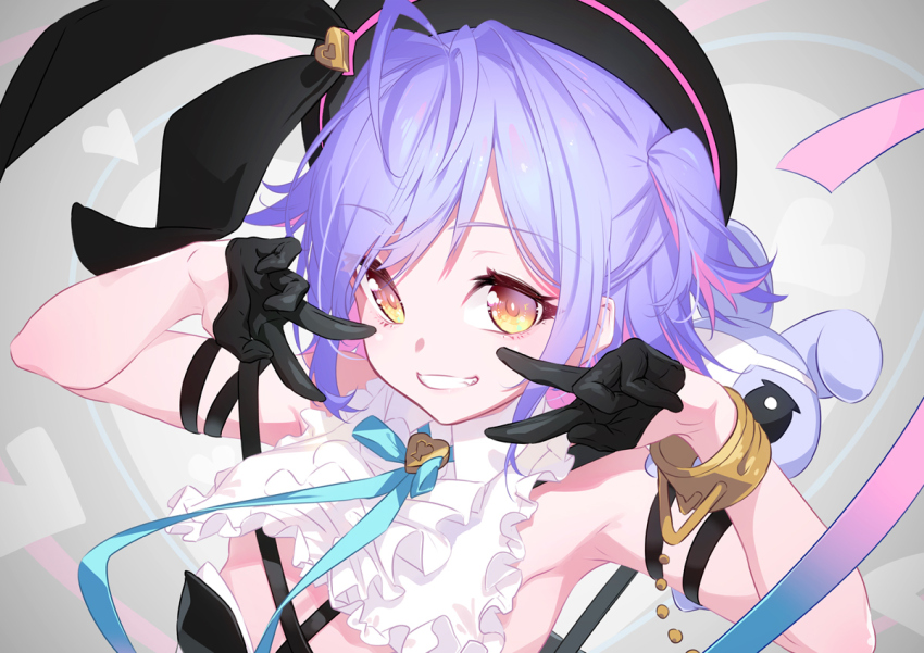 1girl, aqua_ribbon, black_gloves, black_hat, blue_hair, bracelet, breasts, brown_eyes