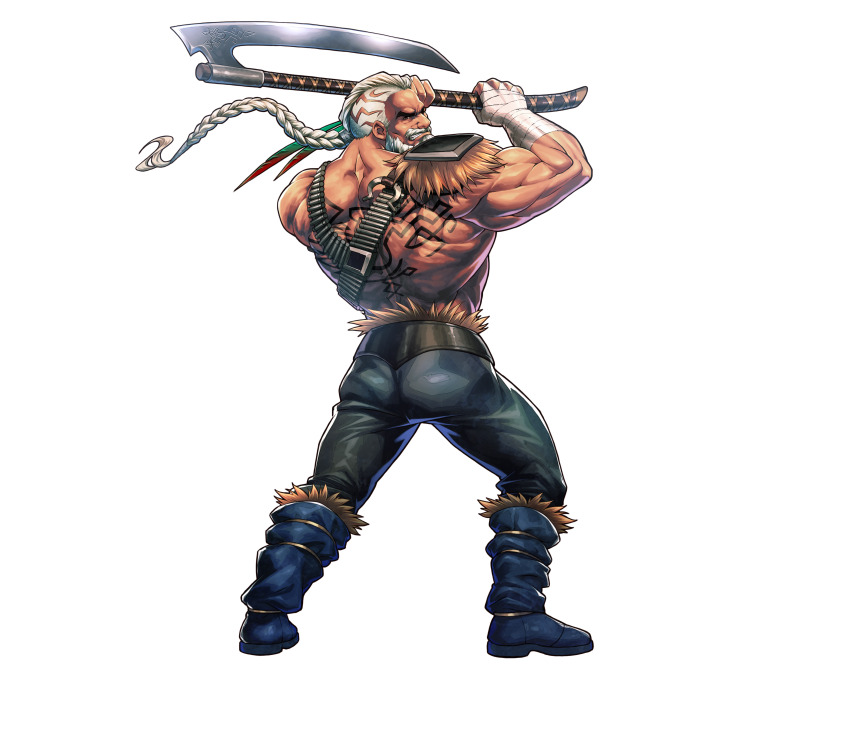 1boy, absurdres, alpha_transparency, artist_request, ass, axe, back_tattoo, bandaged_arm, bandages, battle_axe, beard, black_pants, boots, braid, clenched_teeth, facial_hair, from_behind, full_body, highres, holding, holding_axe, male_focus, muscular, muscular_male, na_publishing, pants, samurai_force:_zan!, shing!, single_braid, single_shoulder_pad, solo, tattoo, teeth, topless_male, transparent_background, weapon, wilhelm_(shing!)