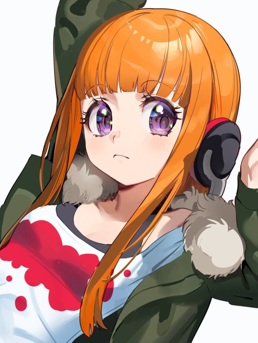1girl, arm_up, bad_id, bad_twitter_id, behind-the-head_headphones, blunt_bangs, breasts, cleavage, closed_mouth, dutch_angle, fur-trimmed_jacket, fur_trim, green_jacket, hand_up, headphones, highres, jacket, long_hair, long_sleeves, looking_at_viewer, no_eyewear, open_clothes, open_jacket, orange_hair, paldu, persona, persona_5, purple_eyes, sakura_futaba, shirt, simple_background, small_breasts, solo, upper_body, white_background, white_shirt
