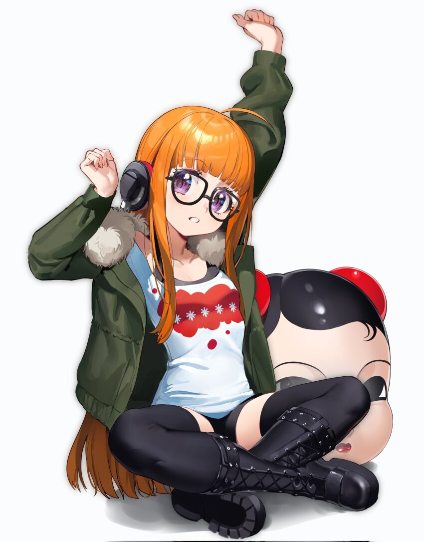 1girl, ahoge, arm_up, bad_id, bad_twitter_id, behind-the-head_headphones, black-framed_eyewear, black_boots