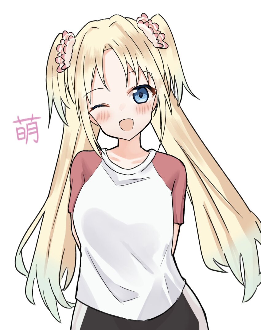 1girl, ;d, arms_behind_back, black_shorts, blonde_hair, blue_eyes, blue_hair, blush, breasts, flower, gradient_hair, gym_shirt, gym_shorts, gym_uniform, hair_flower, hair_ornament, highres, hisho_(rythm_hisho), light_blue_hair, link!_like!_love_live!, long_hair, looking_at_viewer, love_live!, medium_breasts, multicolored_hair, official_alternate_costume, one_eye_closed, open_mouth, osawa_rurino, parted_bangs, pink_flower, red_sleeves, shirt, shorts, simple_background, smile, solo, split_mouth, translated, twintails, upper_body, virtual_youtuber, white_background, white_shirt