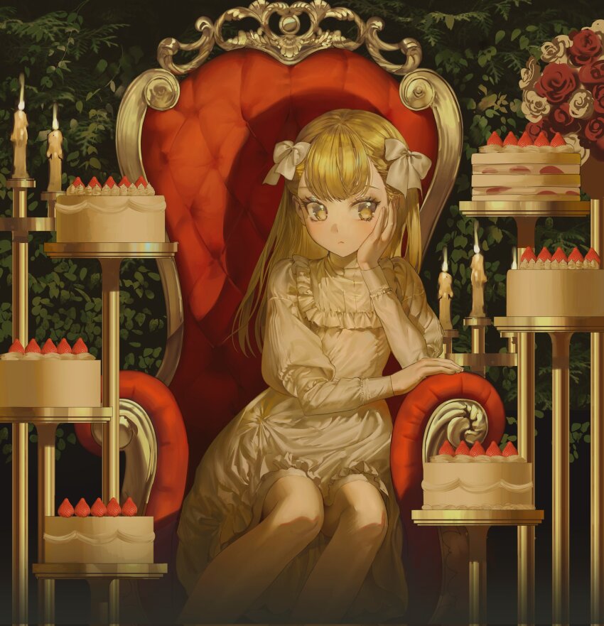 1girl, armchair, birthday_cake, blonde_hair, cake, candle, candlestand, chair