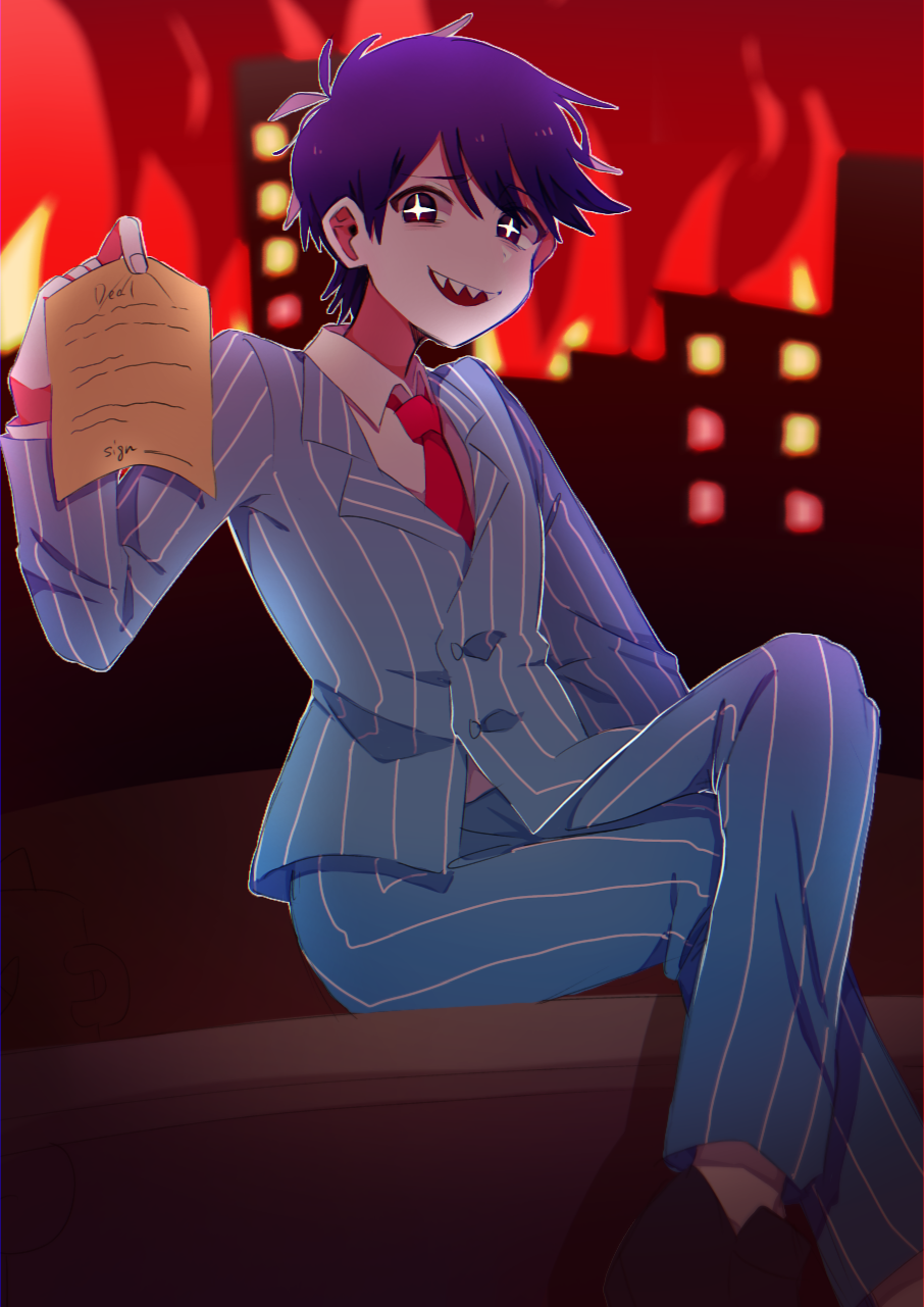 +_+, 1boy, amane_(ama_yzk00), bossman_hero, collared_shirt, contract, crossed_legs, formal_clothes