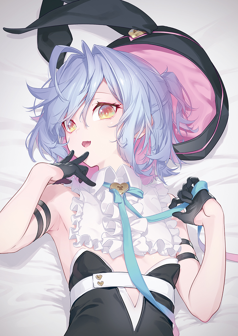 1girl, :d, antenna_hair, armband, black_armband, black_gloves, blue_hair, breasts