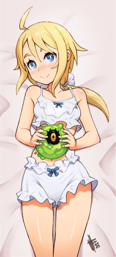 1girl, ahoge, blonde_hair, blue_pupils, blue_ribbon, blush, eureka_de_soleil, fire