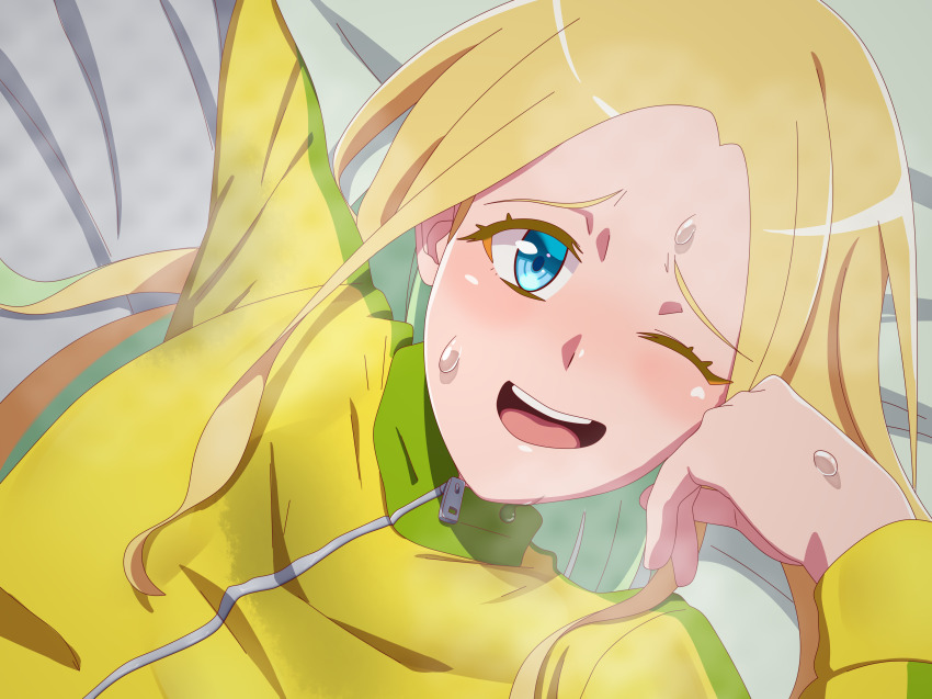 absurdres, anna_aveiro, blonde_hair, blue_eyes, highres, na_nare_hana_nare, sorashikomi, sweat