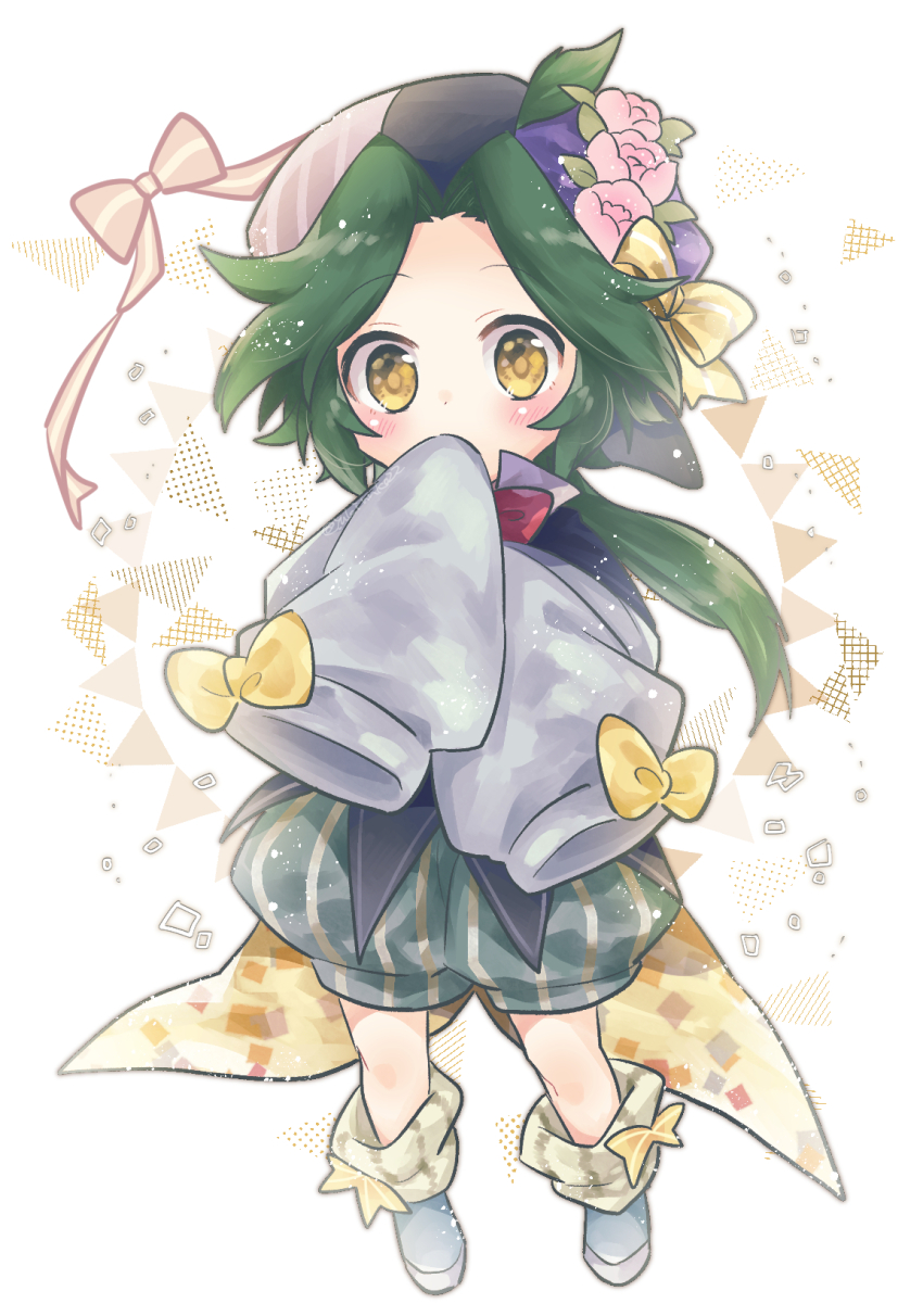 1boy, beret, blush, child, covered_mouth, covering_own_mouth, flower, full_body