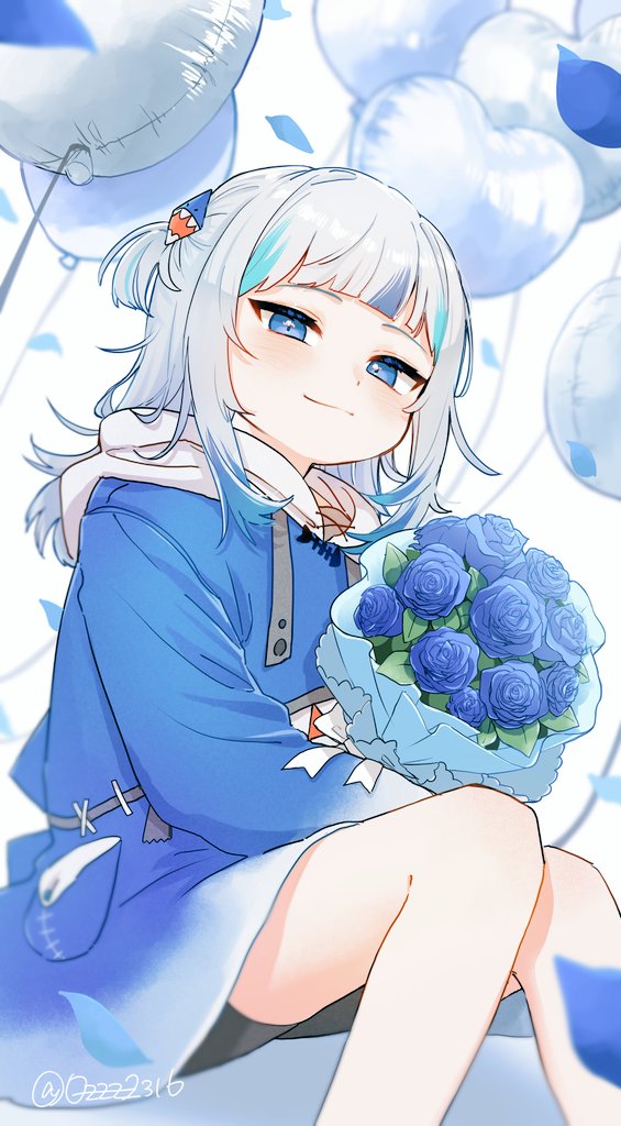 1girl, balloon, bike_shorts, black_shorts, blue_eyes, blue_flower, blue_hair, blue_hoodie