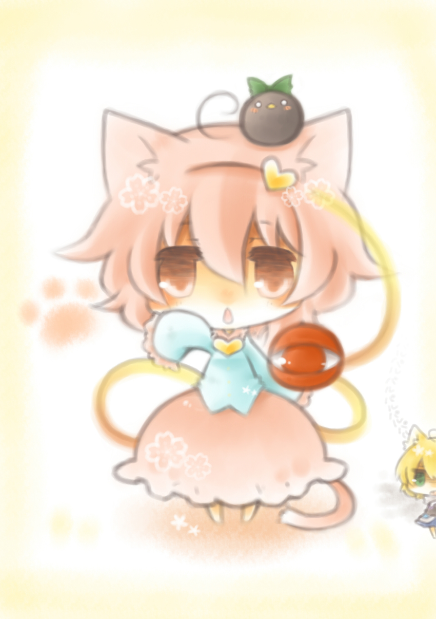 2girls, absurdres, ahoge, animal, animal_ears, animal_on_head, arm_up, blonde_hair, blurry, blush, blush_stickers, bow, cat_ears, cat_girl, cat_tail, chibi, chibi_on_head, female_focus, green_eyes, heart, highres, kemonomimi_mode, komeiji_satori, mizuhashi_parsee, multiple_girls, o_o, on_head, peeking, peeking_out, pink_eyes, pink_hair, reiuji_utsuho, reiuji_utsuho_(bird), short_hair, tail, third_eye, touhou, yasiro