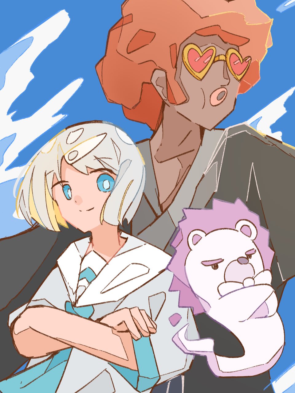 blue_eyes, colored_inner_hair, crossed_arms, glasses, hair_ornament, hairclip, hedgehog, highres