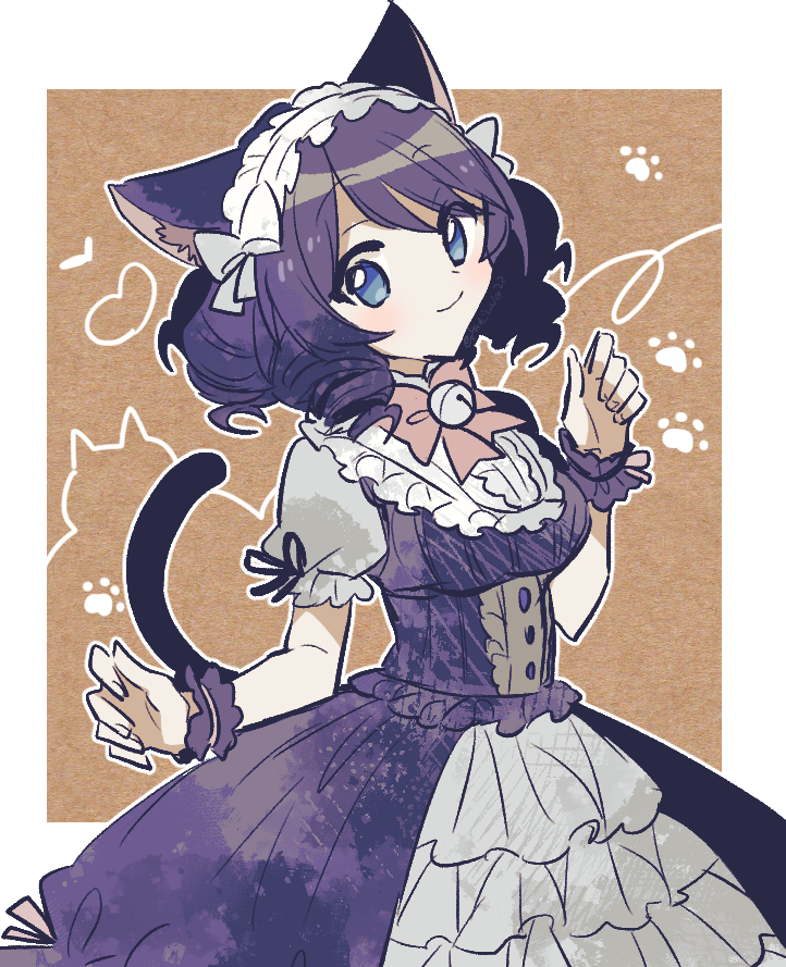 1girl, animal_ears, bell, blue_dress, blue_eyes, blue_hair, border, bow