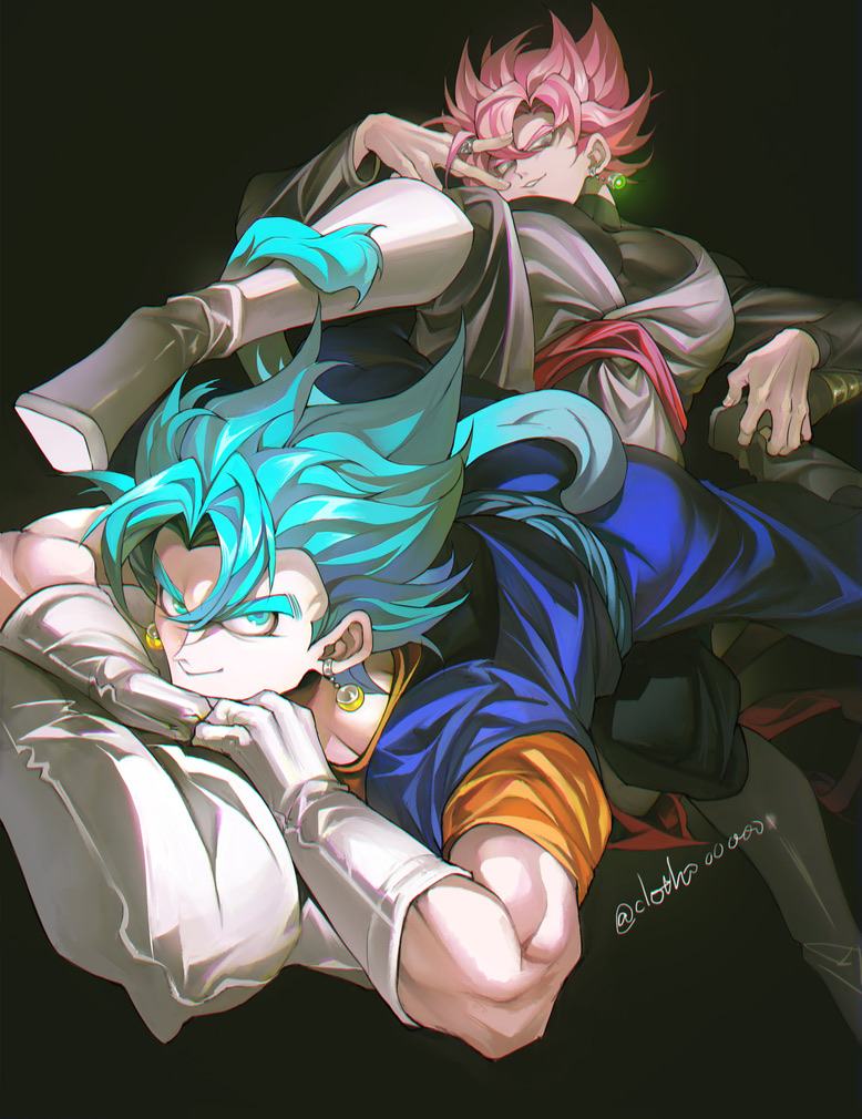>:), 2boys, artist_name, black_background, black_pants, black_shirt, blue_eyes, blue_hair