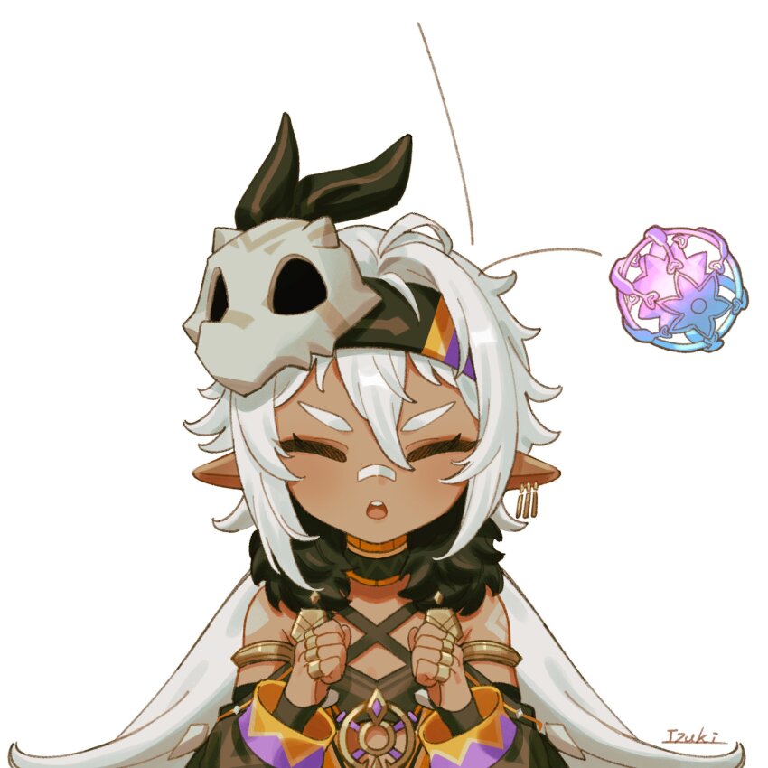 1girl, 39_iduki, animal_skull, armlet, black_headband, black_sleeves, cape, clenched_hands