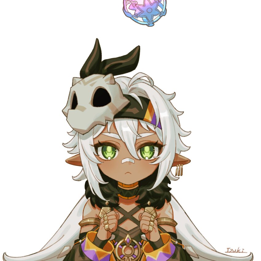 1girl, 39_iduki, animal_skull, armlet, black_headband, black_sleeves, cape, clenched_hands