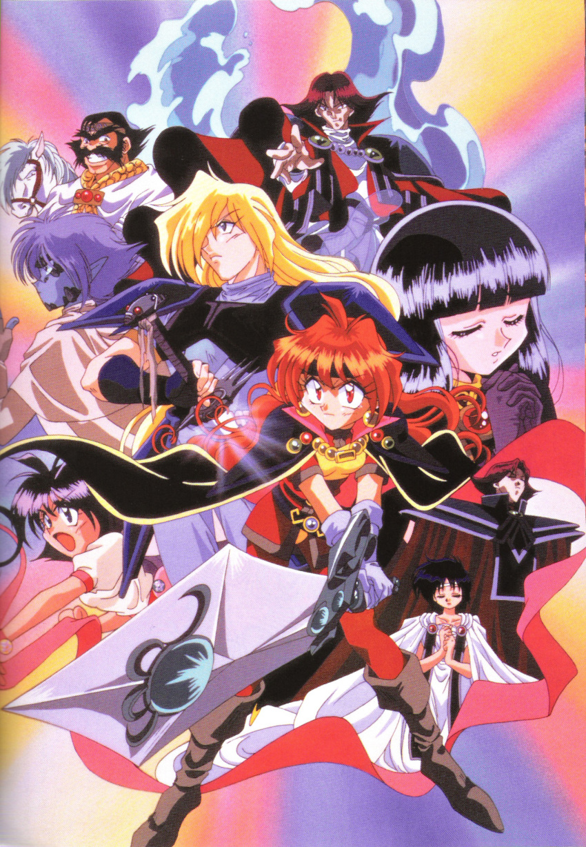 1990s_(style), 4girls, 6+boys, amelia_wil_tesla_seyruun, amulet, armor, blind, blunt_bangs