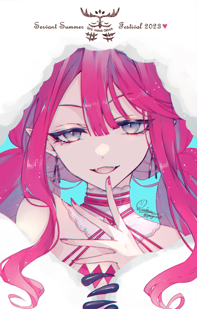 1girl, baobhan_sith_(fate), baobhan_sith_(swimsuit_pretender)_(first_ascension)_(fate), bare_shoulders, blue_background, cernunnos_(fate), character_hood, close-up