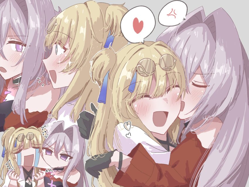 2girls, 88_9, ^_^, anger_vein, biting, biting_cheek, blonde_hair, blush, closed_eyes, commentary, eyewear_on_head, green_eyes, hair_intakes, heart, highres, honkai_(series), honkai_impact_3rd, hug, jacket, multiple_girls, open_mouth, purple_eyes, red_jacket, smile, songque, songque_(astralop), spoken_anger_vein, spoken_heart, t_t, thelema_nutriscu, thelema_nutriscu_(mad_pleasure:_shadowbringer), translation_request, two_side_up, white_hair, yuri