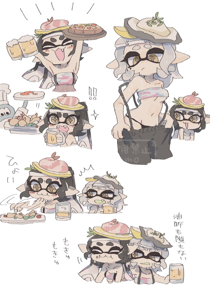 2girls, alcohol, baggy_pants, beer, beer_mug, black_hair, blush, callie_(splatoon)
