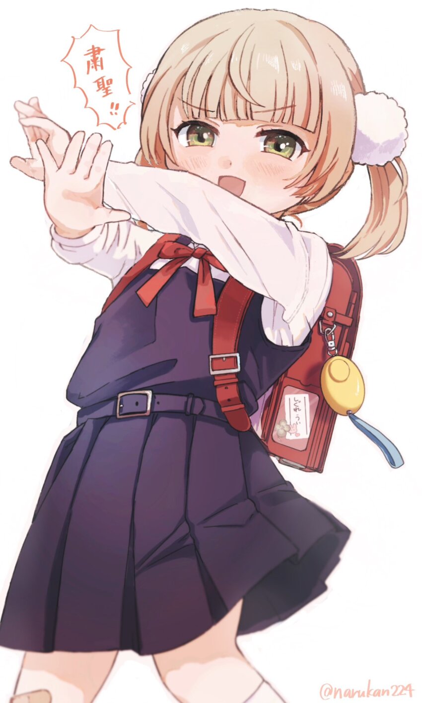 1girl, backpack, bag, bandaid, bandaid_on_leg, black_dress, blonde_hair, blunt_bangs, blush, crime_prevention_buzzer, dress, green_eyes, hair_ornament, highres, indie_virtual_youtuber, kneehighs, long_sleeves, looking_at_viewer, narukan, open_mouth, pinafore_dress, pom_pom_(clothes), pom_pom_hair_ornament, randoseru, shigure_ui_(vtuber), shigure_ui_(young)_(vtuber), shirt, short_twintails, simple_background, sleeveless, sleeveless_dress, socks, solo, translated, twintails, virtual_youtuber, white_background, white_shirt, white_socks, x_arms