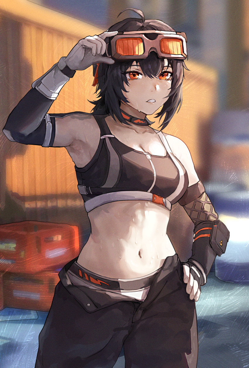 1girl, absurdres, adjusting_eyewear, ahoge, arm_pouch, arm_up, arm_warmers, armpits