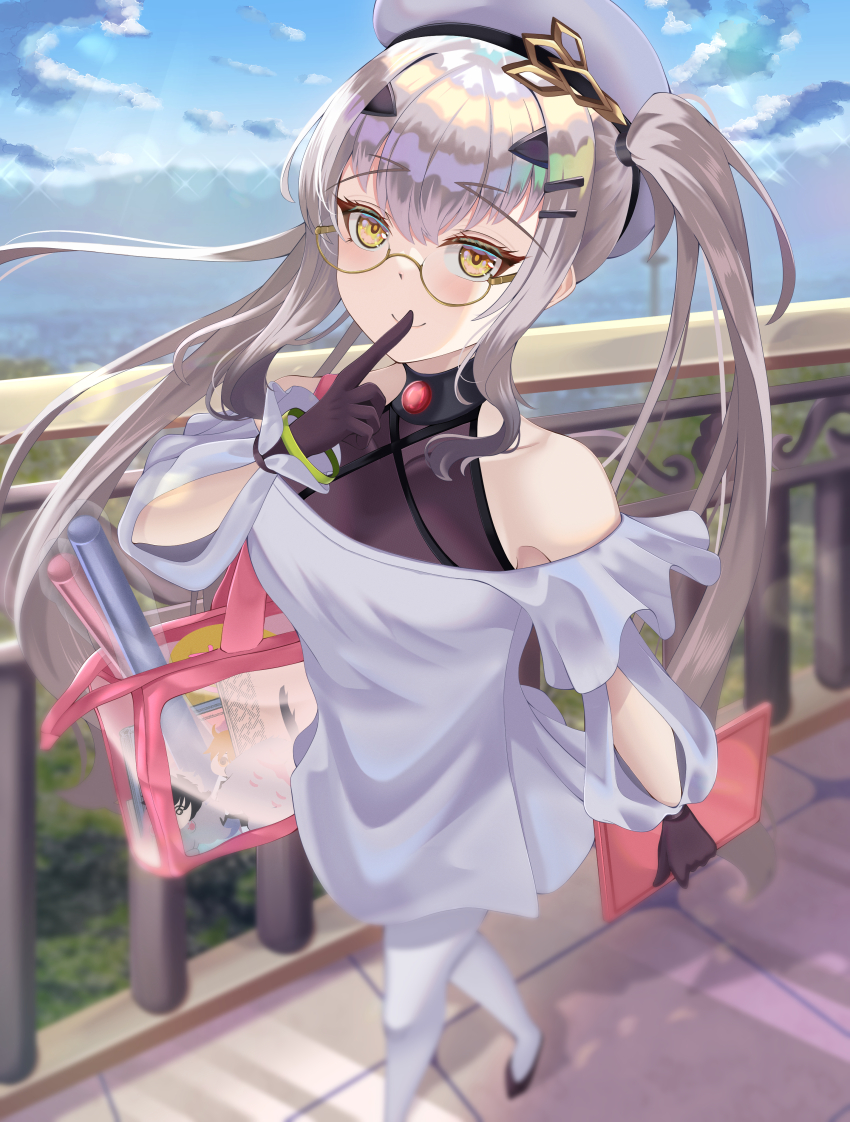 1girl, absurdres, bag, bare_shoulders, beret, black_gloves, blush, bracelet