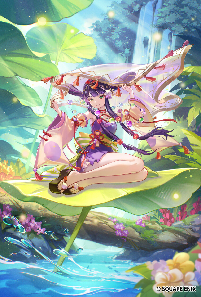 1girl, absurdres, breasts, carpet, closed_mouth, detached_sleeves, flower, full_body