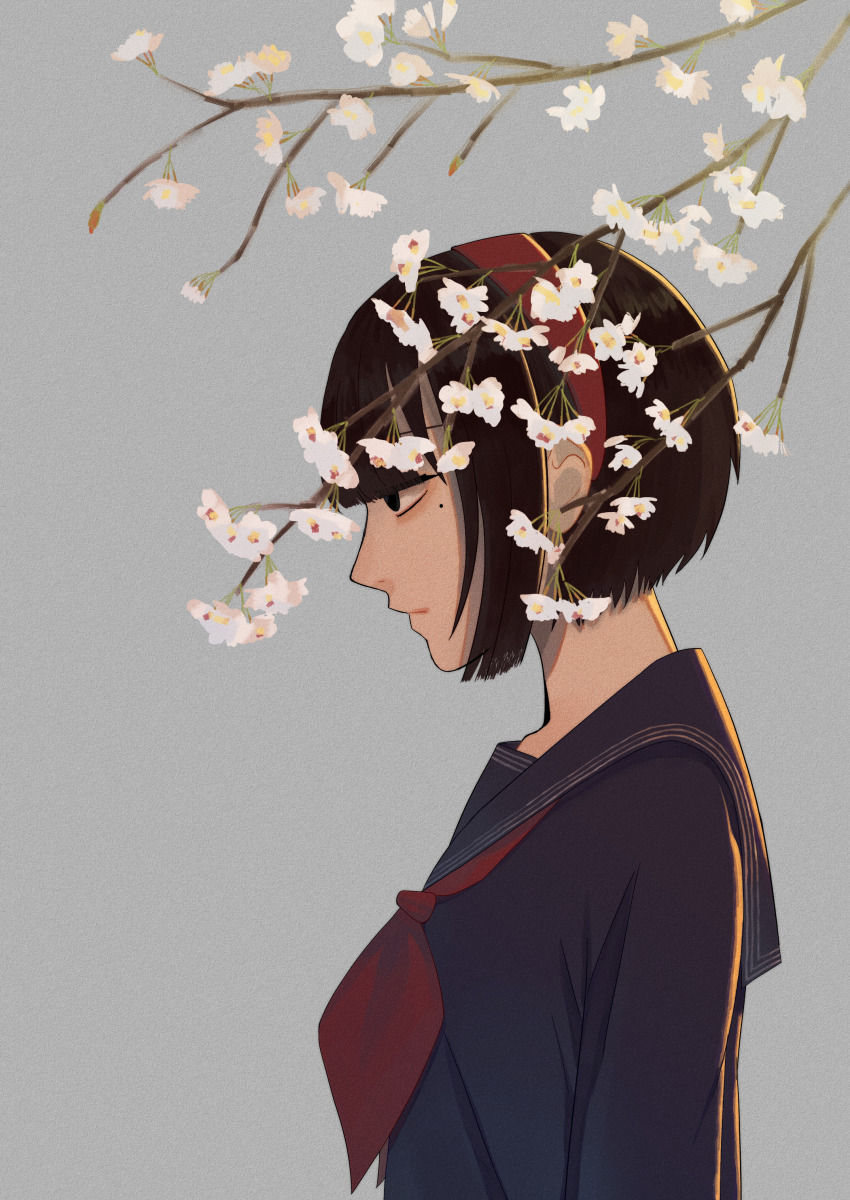 1girl, absurdres, black_hair, black_serafuku, bob_cut, domonjoshamambe, flower, from_side