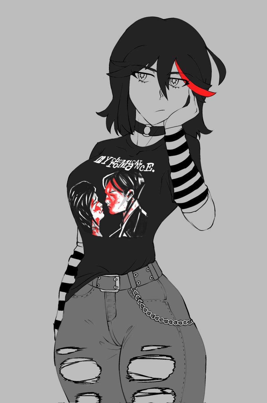 band_shirt, belt, black_choker, black_hair, black_shirt, choker, daigo_(daistrangelove), denim, emo_fashion, grey_background, highres, jeans, kill_la_kill, matoi_ryuuko, merchandise, multicolored_hair, my_chemical_romance, o-ring, o-ring_choker, pants, red_hair, shirt, short_hair, three_cheers_for_sweet_revenge, torn_clothes, torn_jeans, torn_pants, two-tone_hair, wristband