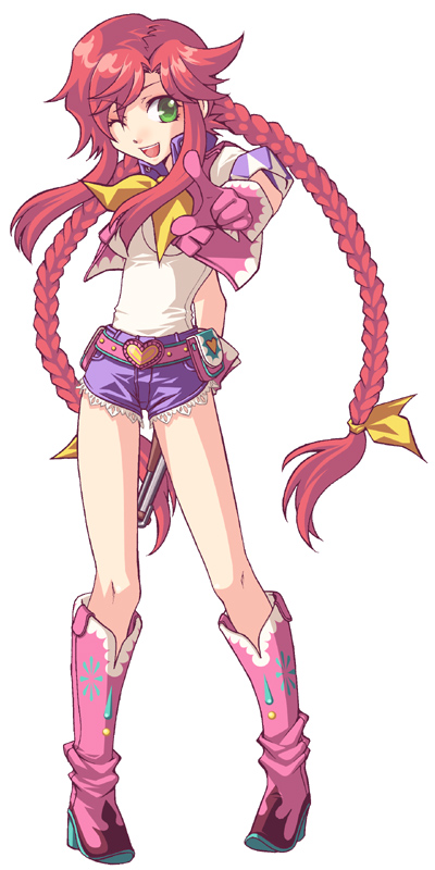 1girl, ahoge, belt, blue_shorts, boots, braid, cow_girl, cowboy_western